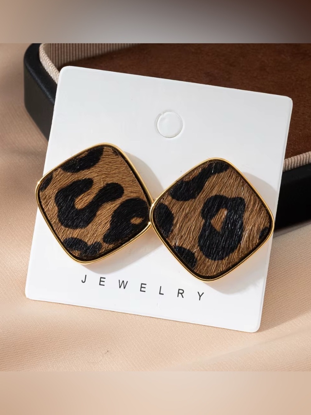 Gold-Trim Leopard Print Square Earrings - Women Jewelry